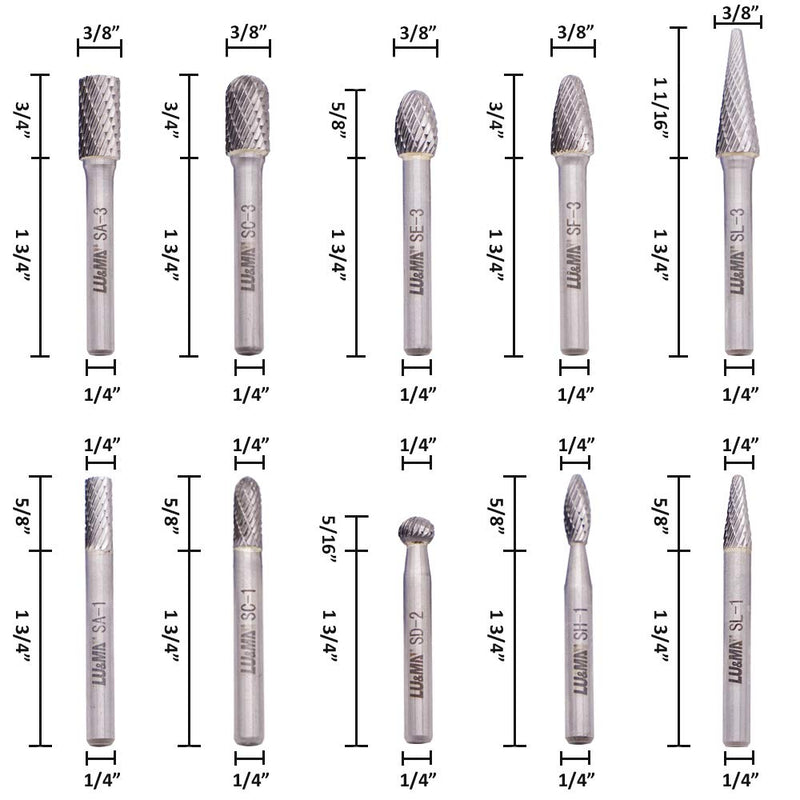 [Australia - AusPower] - Carbide Burrs Set 10pcs, Double Cut Solid Carbide Rotary Burr Set 1/4" Shank for Die Grinder Drill,Metal Carving, Polishing,Engraving,Drilling by LU&MN 10PCS-SET 