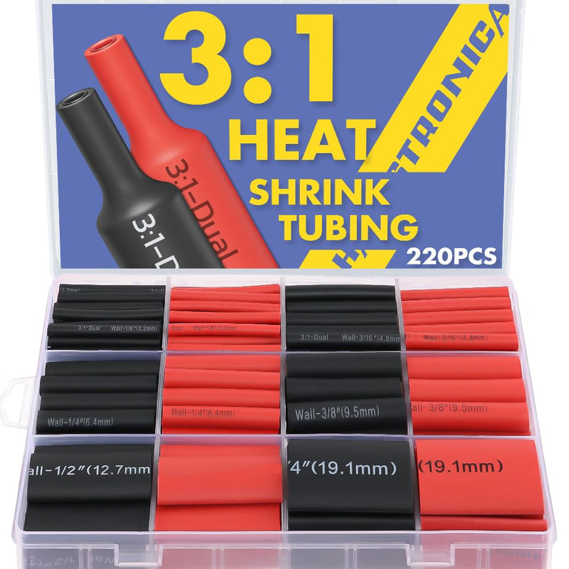 haisstronica 3:1 Heat Shrink Tubing Kit, Adhesive Lined Marine Resistant Grade Shrink Wrap - 1.75"length 6 Size Perfect for Home and Industrial, 1/8"-3/4" 220PCS - Black, Red Black-Red