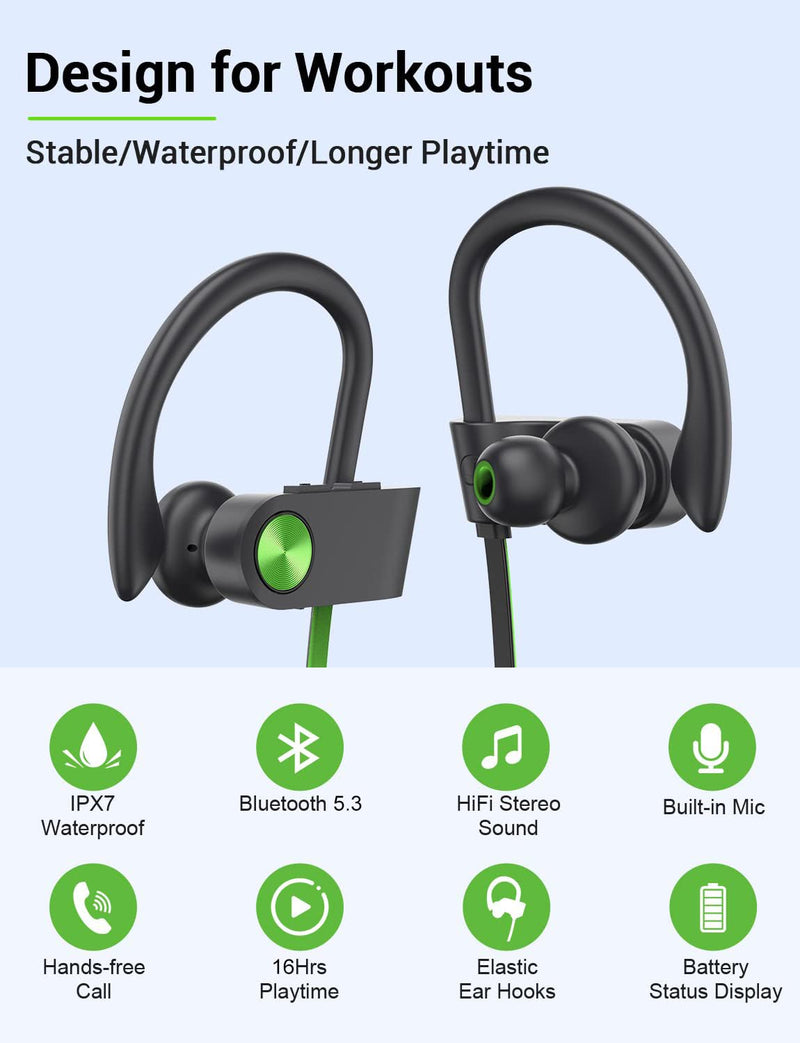 [Australia - AusPower] - Stiive Bluetooth Headphones, 5.3 Wireless Sports Earbuds IPX7 Waterproof with Mic, Stereo Sweatproof in-Ear Earphones, Noise Cancelling Headsets for Gym Running Workout, 16 Hours Playtime - GreenBlack A,GreenBlack 