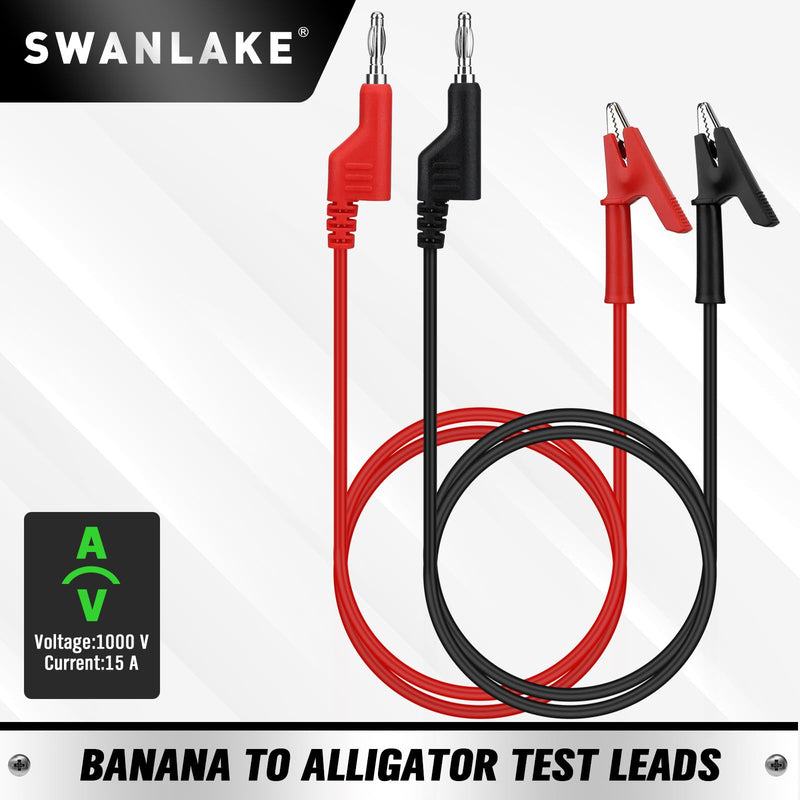 [Australia - AusPower] - SWANLAKE 2-Piece Banana Plug to Alligator Clip Test Leads, 1000V 15A 3.5ft/1M Multimeter Electrical Alligator Clips, Flexible Copper Cable Banana Plug, Electrical Wires with Gator Clips 
