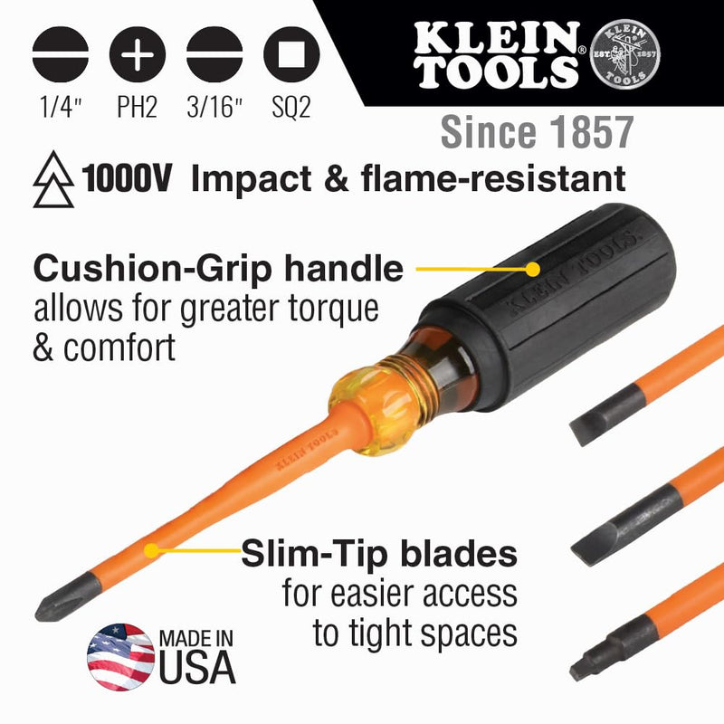 Klein Tools 33734INS 1000V Slim Tip Insulated Screwdriver Set, Made in USA, Phillips, Cabinet, Square Slim-Tip, Cushion Grip Handle, 4-Piece 4-Piece Set - Phillips, Cabinet, Square