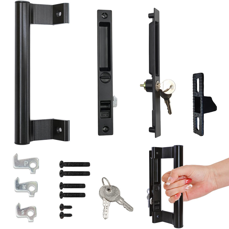 Sliding Glass Door Handle Set with Lock - Easy to Install,Patio Sliding Door Handle Fits for 1 to 1-1/8 Door Thickness,6-5/8" Screw Hole Spacing,Perfectly Replacement for Old Handle(Black) Black - with Lock