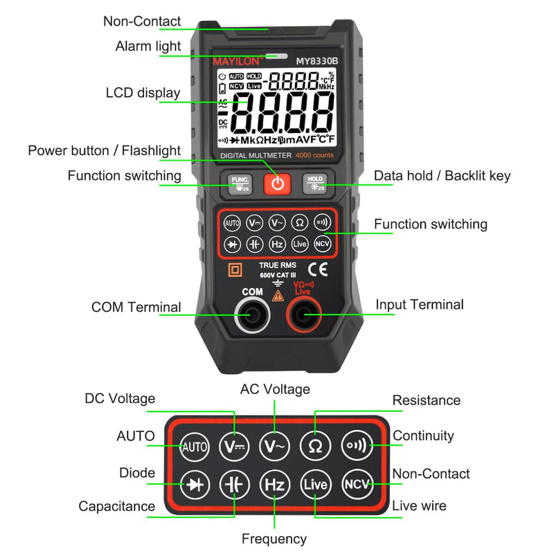 [Australia - AusPower] - Multimeter TRMS 4000 Counts Digital Multimeter DC AC Voltage Tester Auto-Ranging Voltmeter with NCV Live Wire Resistance Frequency Capacitance Continuity Diode Temp for Auto/Home/Electrical MY8330B MY8300B 