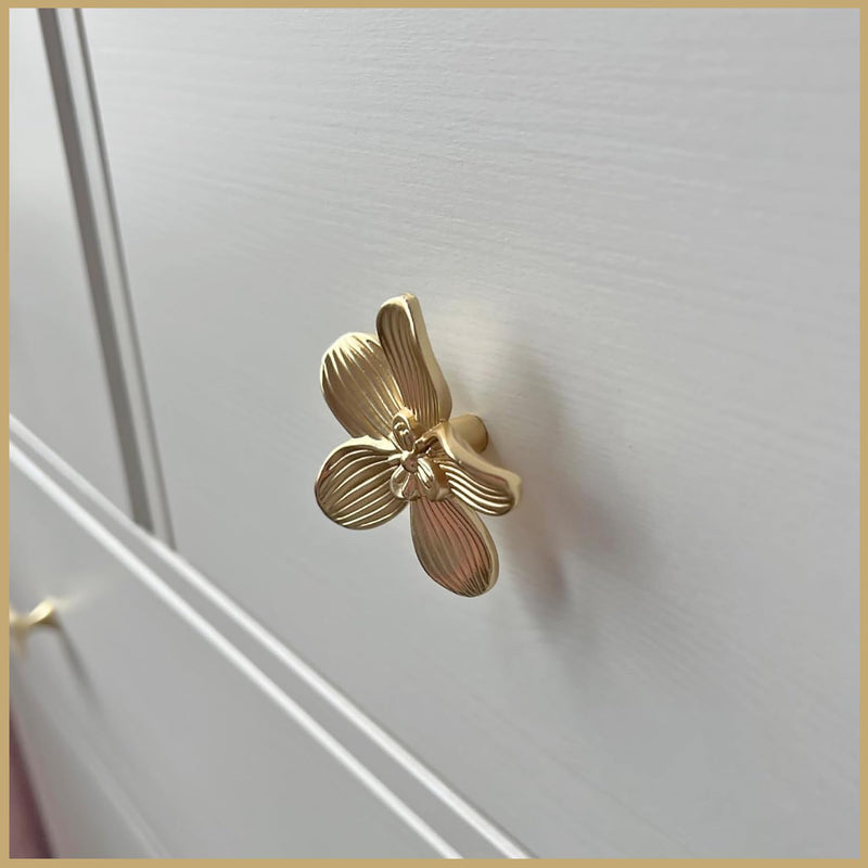10 Pack Gold Flower Drawer Knobs, 60mm/ 2.36" Gold Decorative Floral Caninet Pulls, Creative Petal Knobs for Dresser Drawer, Bathroom Kitchen Cupboard Furniture Hardware (10 Flower) 10 Pack Brushed Gold Brass
