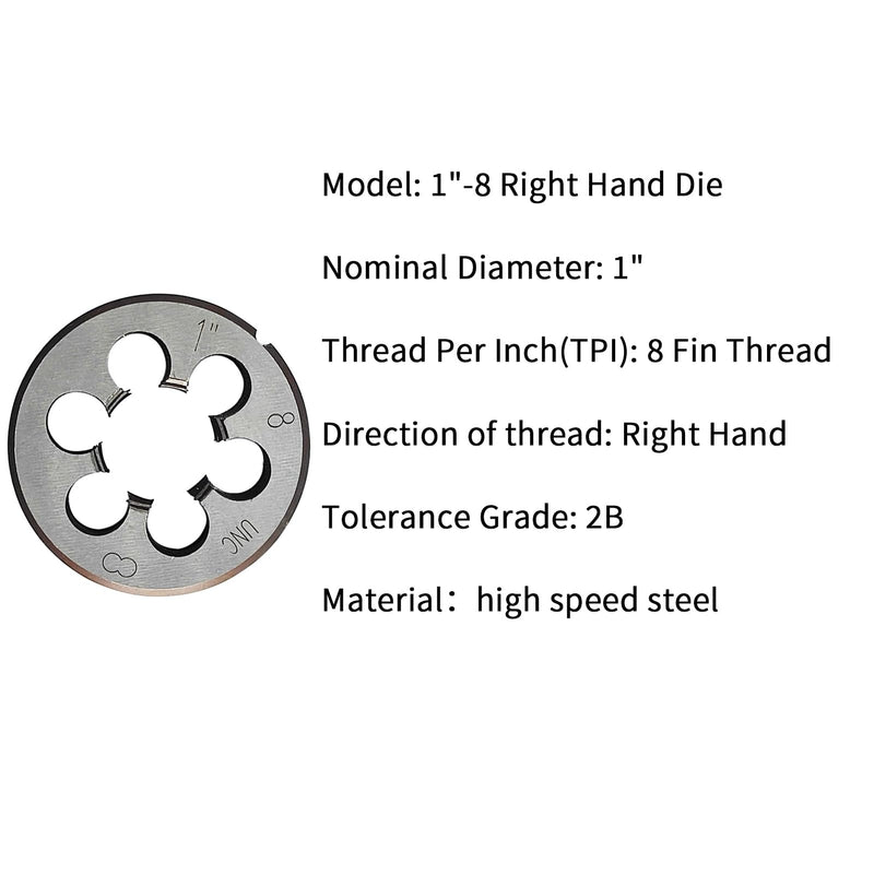 [Australia - AusPower] - 1"-8 Die UNC 1"-8 TPI Right Hand Nominal Diameter 1" Thread Per Inch 8 Fin Thread Tolerance Grade 2B Right Hand Thread High Speed Steel HSS 1"-8 Die 