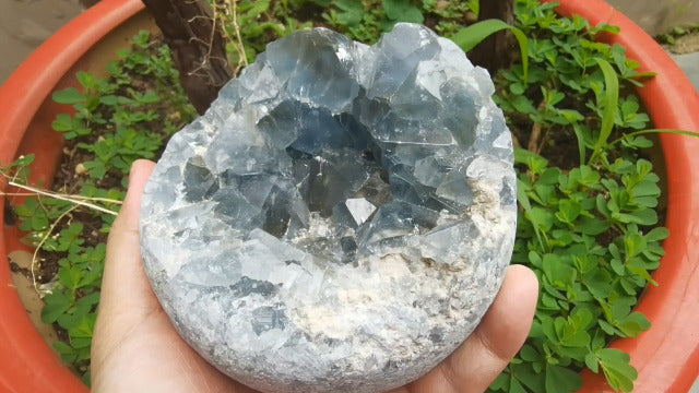 Natural Blue Celestite Geode Egg Healing Crystal Stone Collection Mineral Specimen with Stand Home Office Decor 0.6-0.8 Pound Dark Blue