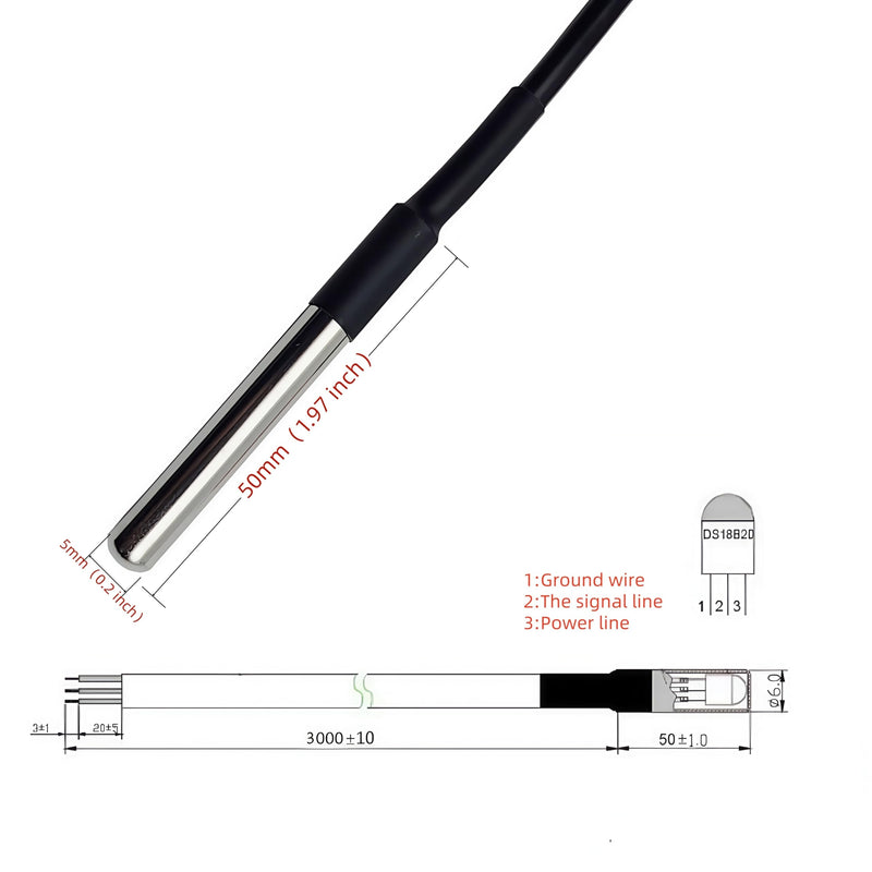 [Australia - AusPower] - 5pcs DS18B20 Temperature Sensor Waterproof Digital Stainless Steel Tube Temp Probe 3 Meter 118.1" Compatible with Arduino Raspberry pi 