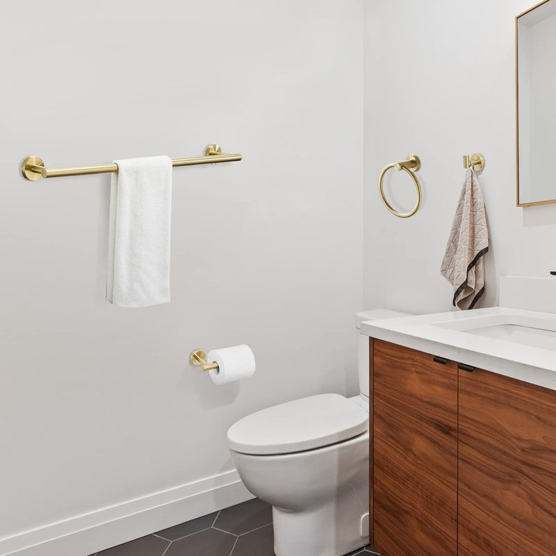 Gold Bathroom Hardware, Bathroom Accessories Set Includes Toilet Paper Holder 24 Inch Towel Bar Towel Ring Robe Hook 4 Pieces Wall Mount Brushed Gold