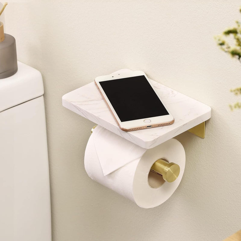 Brushed Gold Toilet Paper Holder with Marble Shelf, DAYELIVE 304 Stainless Steel Wall Mounted Toilet Paper Holder, Tissue Holder Toilet Paper Roll Holder for Bathroom Washroom