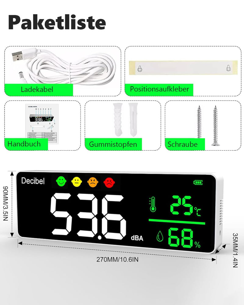 Digital Decibel Meter, 3-in-1 Sound Level Meter, Wall Hanging, Sound Level Meter with Temperature & Humidity, 30 ~ 130 dB, 11 Inch Large LED Screen, for Home, Baby Room, Library White