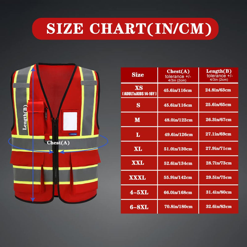 AYKRM Security Vest for Men Women 7 Pockets High Visibility Reflective Safety Vest Front Zipper Meets ANSI/ISEA Red-emt 8X-Large
