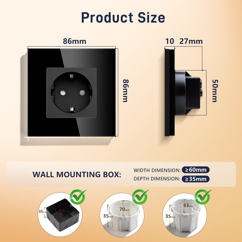 BSEED Schuko Socket, Single Crystal Glass Plate Socket, Flush-Mounted, 16 A, 86 mm Extension, Black 1-gang