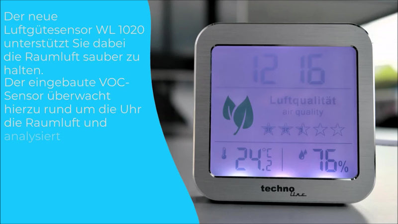 Technoline WL1020 Air Quality Monitor Indoor, Temperature Display, Humidity Display, Low Air Quality Alarm, Silver, White Single