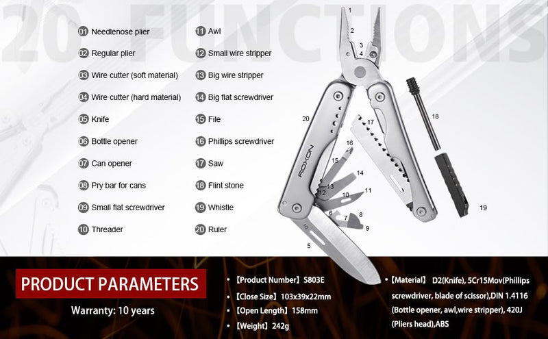 ROXON S803E Elite Flash Multitool with 20 functions including strong pliers, Flint Rod, full-size lockable blades for Outdoor Essential Survival Tool (D2 Blade) D2 Blade