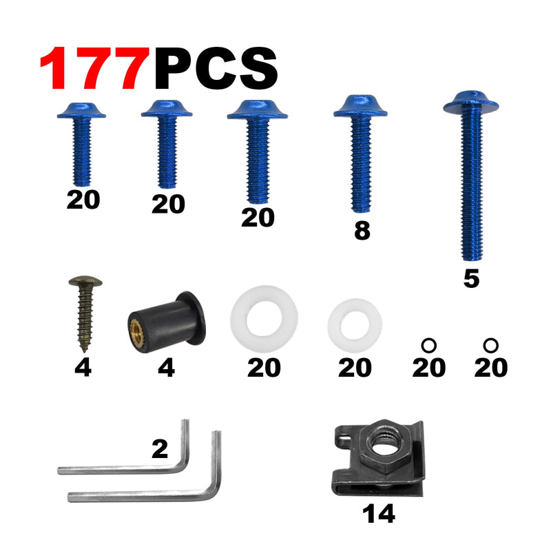 [Australia - AusPower] - 177pcs Fairing Bolt Kit, M5 M6 Motorcycle Windscreen Screws,Universal Motorcycle Fairing Screws, Aluminum Fasteners Fairing Bolts Nut Clips Kit, Fasteners Fixing Sportbike Bolts Fairing(blue) blue 