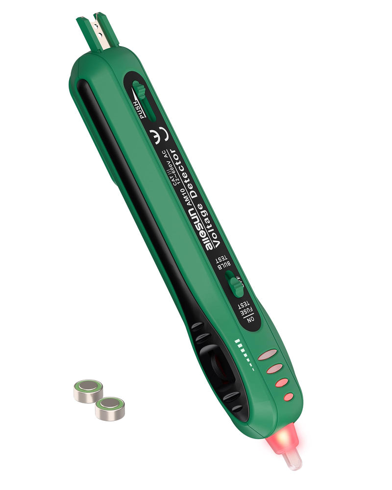[Australia - AusPower] - ALLOSUN Christmas Light Tester Non Contact Voltage Tester with Fuse Tester & Bulb Remover, AC Voltage Detector 12V-600V, Stepless Sensitivity Control Christmas Light Bulb Tester, Green 