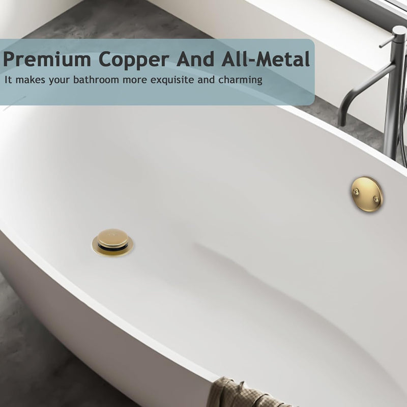 Tip-Toe Bathtub Drain Kit with Two-Hole Overflow Plate, Premium Quality Bath Tub Drain Replacement fits for All Bathtub, Universal Fine/Coarse Thread Bathtub Stopper (Brushed Gold) Brushed Gold