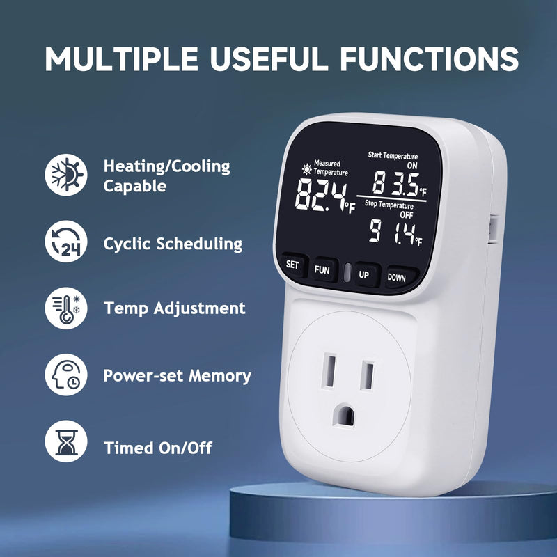 [Australia - AusPower] - Temperature Controlled Outlet , 15A/1800W Digital Thermostat Outlet, Cyclic Timing/Countdown, -40℉~210℉ VA Display Heating Cooling Control Timer with 2Pcs Probe Cable for Reptile Incubator White 