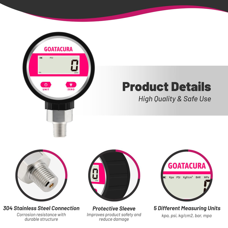 [Australia - AusPower] - -15psi-0 Digital Vacuum Industrial Pressure Gauge, 2-1/2" Dial Size, 1/4" NPT Lower Mount, 304 Stainless Steel Case and Connection, 1% High Accuracy, with Protective Sleeve -15psi-0 