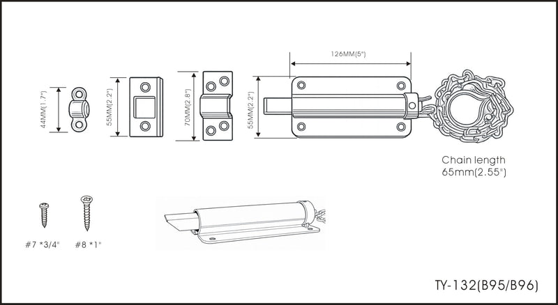 QCAA Chain Bolt, 6", Zinc Plated, 2 Pack, Made in Taiwan