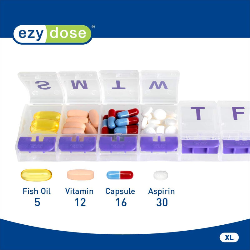 [Australia - AusPower] - EZY DOSE Weekly (7-Day) Pill Case, Medicine Planner, Vitamin Organizer Box, X-Large Push-Button Compartments, Convenient and Easy to Use, Color May Vary, BPA Free X-Large 8.75"x2"x1" 