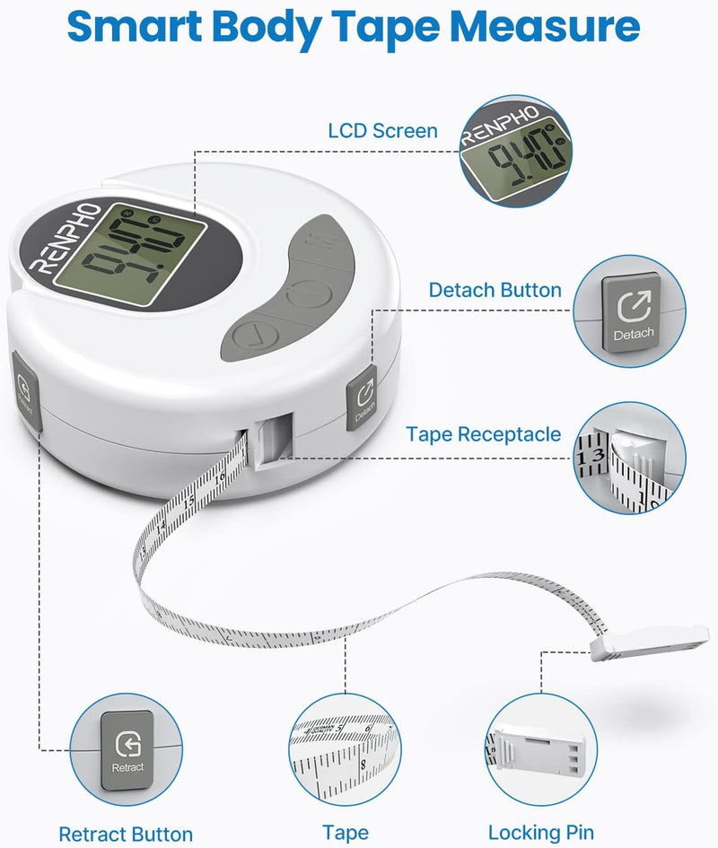 [Australia - AusPower] - Smart Tape Measure Body with App - RENPHO Bluetooth Measuring Tapes for Body Measuring, Weight Loss, Muscle Gain, Fitness Bodybuilding, Retractable, Measures Body Part Circumferences, Inches & cm 