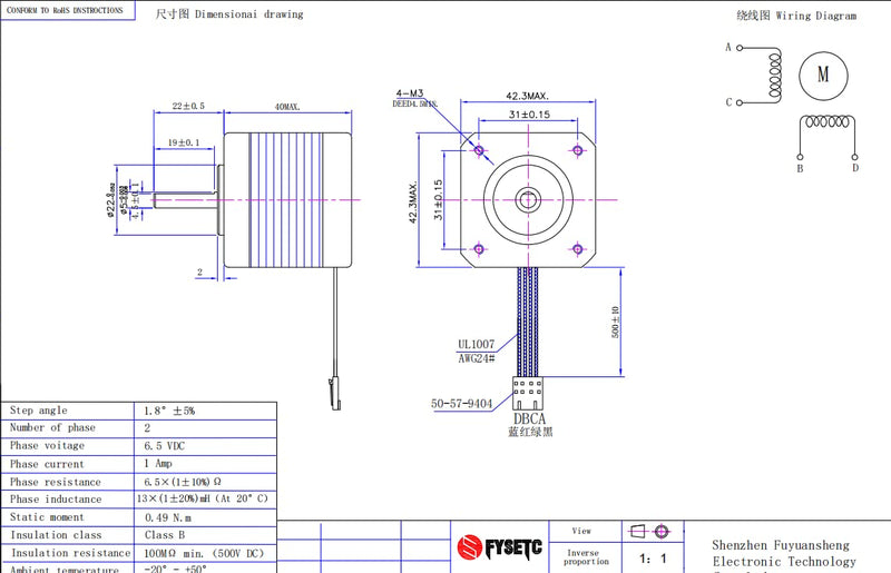 FYSETC Prusa i3 MK3 MK3S+ Y-Axis Step Motor NEMA17 42-40 Motor 2 Phase 1.8° Shaft 20mm with 500mm/19.6inch Integrated Connecting Wire for Prus i3 MK2 MK52 MK3S Y Axis 3D Printer Parts or CNC Machine Y Axis Motor