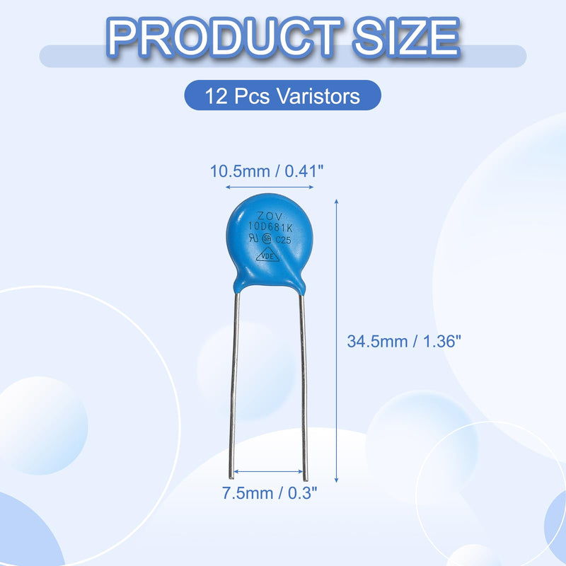 QUARKZMAN 12-piece Varistors 10D681K AC420V DC560V Round Varistor Blue | 10.5mm Diameter Radial Lead Disc Varistor, for Resistive Power Supply Industrial Plants
