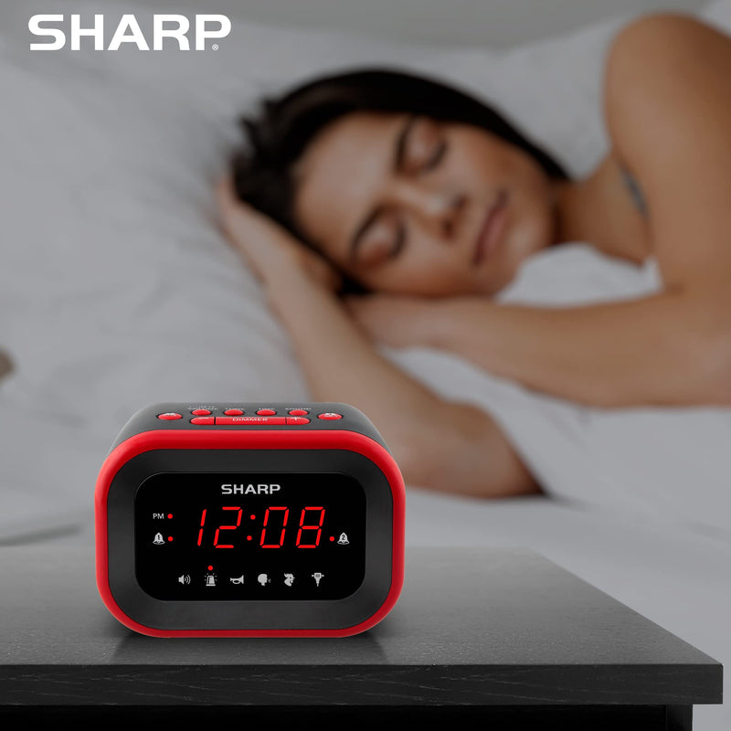 [Australia - AusPower] - Sharp Big Bang Super Loud Alarm Clock for Heavy Sleepers, 6 Extremely Loud Wake Up Sounds: Rooster, Bugle, Nagging Mom, Jackhammer, Siren, Beep – Up to 115db Volume, Red/Black with Red LED Display 