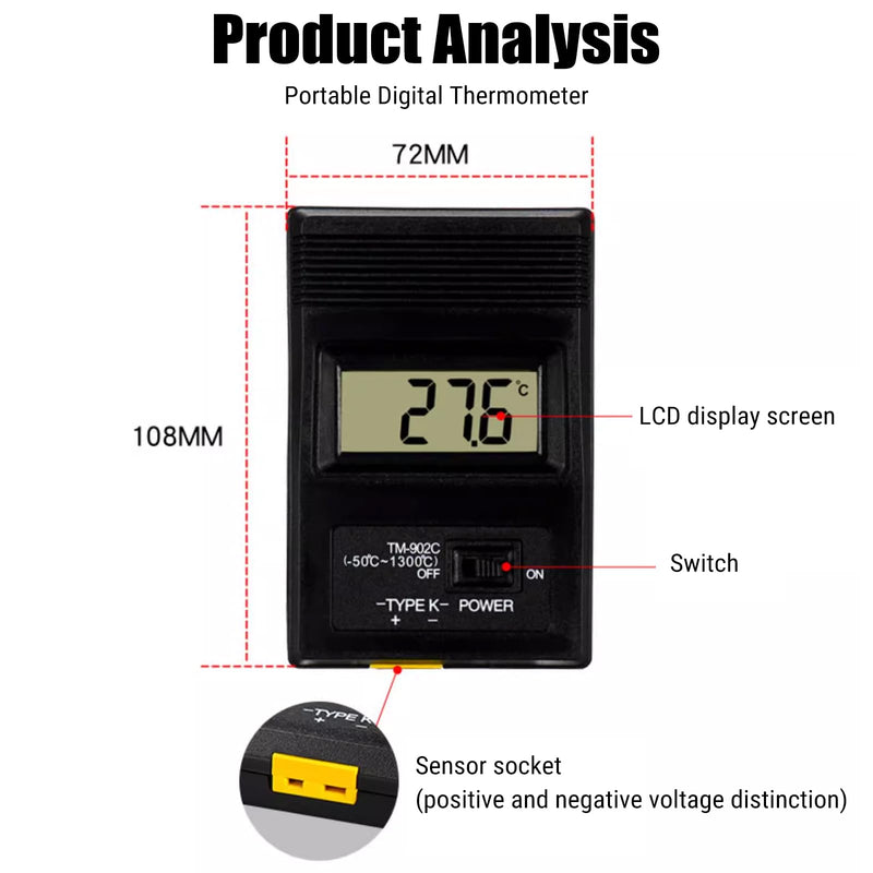 [Australia - AusPower] - Nimomo Thermocouple Thermometer, -50-1300 °C K-Type Digital Thermometer Temperature Meter with Sensor (-50-300 ℃), LCD Digital Temperature Meter for Fridge, Aquarium, HVAC, Industry 