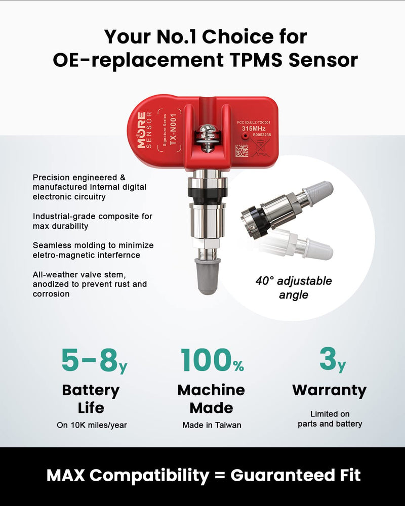[Australia - AusPower] - MORESENSOR Signature Series 315MHz Pre-Programmed TPMS Tire Pressure Sensor 4-Pack | Clamp-in | Compatible with Select 500+ American Brand Models 20925924 20922900 15268606 | NX-S024-4 
