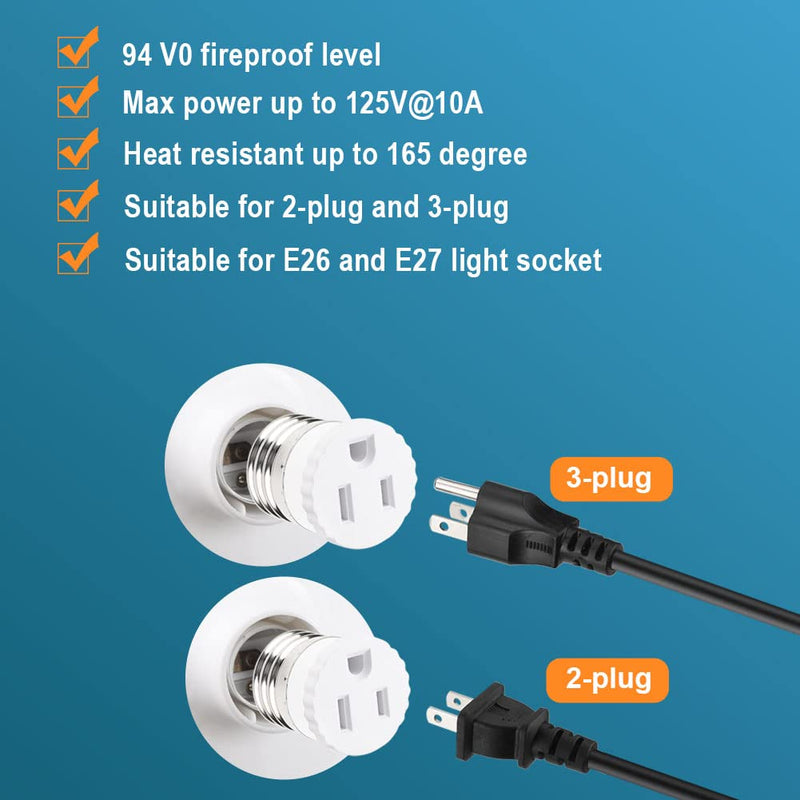 [Australia - AusPower] - 2 Pack, Light Socket to Plug Adapter, Convert Light Bulb Socket to Outlet Adapter (White). 2 White 