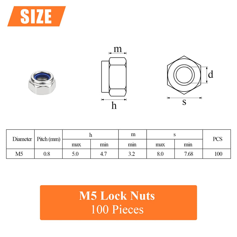 [Australia - AusPower] - 100 Pieces M5 x 0.8mm Nylon Insert Hex Lock Nuts, 304 Stainless Steel (18-8) Locknuts, Coarse Thread ?M5 x 0.8mm (100 PCS) 