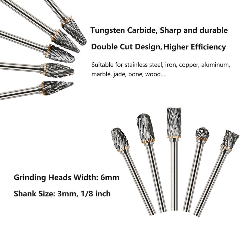 [Australia - AusPower] - QUTIASE Carbide Burrs with Double Cut, 10 Pieces Carbide Cutter Set with 3 mm Shank, Rotary Tool Accessories for Grinding, Carving, Metal Polishing and Engraving 