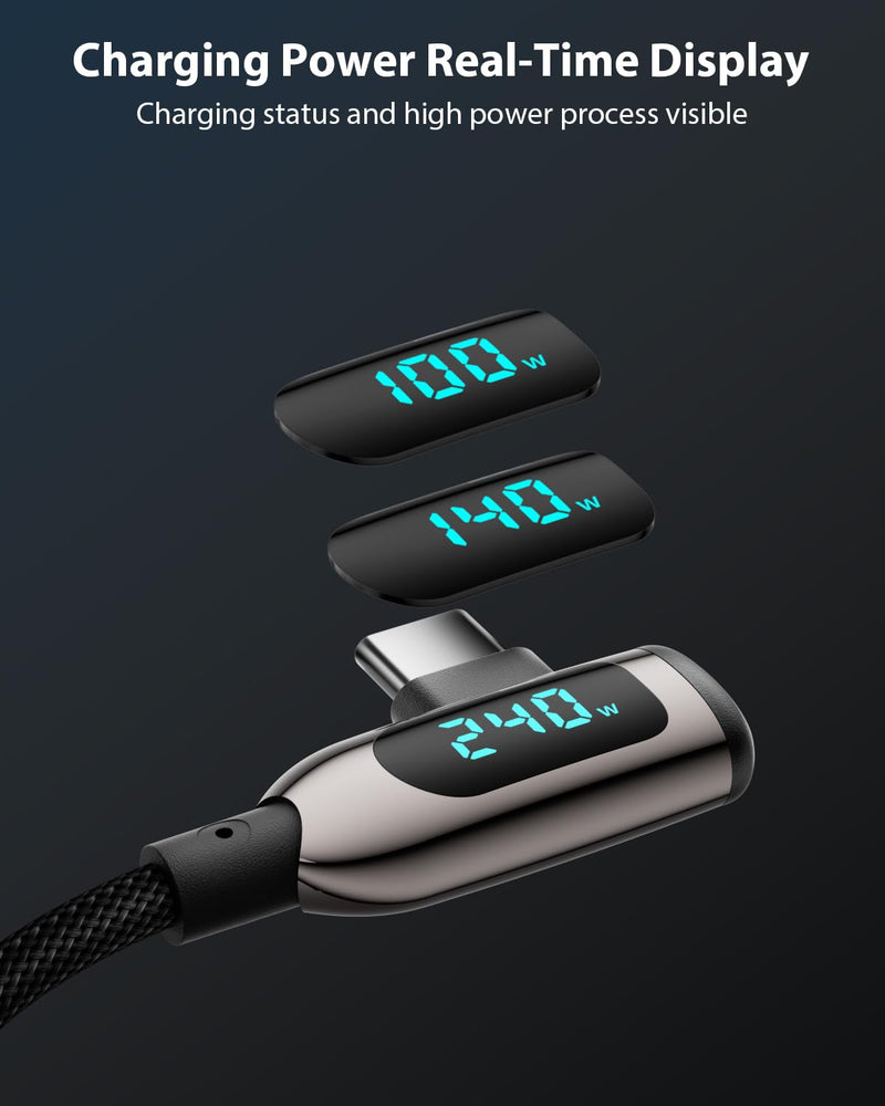 240W Right Angle USB C to USB C Cable [10ft/2Pack],Nylon Braided Type C Fast Charging Cable with LED Display for lPhone 16/15 Pro Max, Galaxy S25/S24 Ultra, MacBook, Laptop,Black 10FT-2Pack