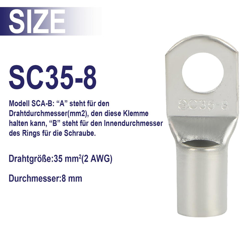 [Australia - AusPower] - Pack of 20 Cable Lugs 10 mm2 Tube Cable Lug M6 Ring Cable Lug Thickened Copper Uninsulated SC Cable Lugs Silver (Silver, SC35-8) 