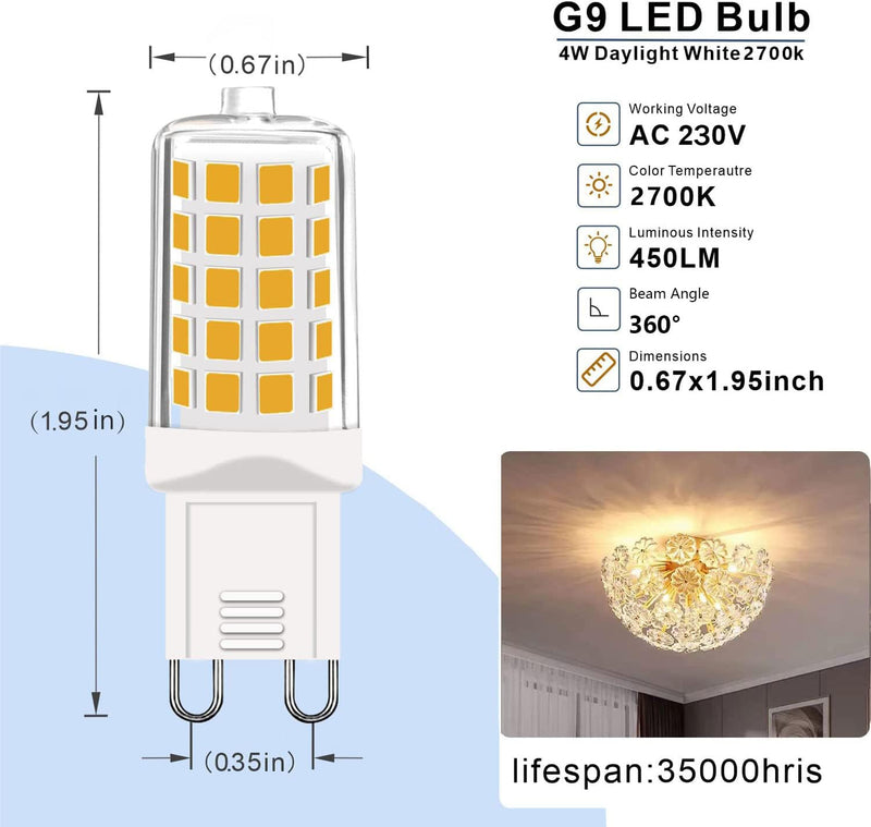 G9 LED Warm White Dimmable, 2700K 230V 4W Replacement 40W Halogen Bulb, T4 Light Bulb 450 lm for Indoor and Outdoor Decorating Lighting No Flickering Light Bulb Pack of 5 2700K 5pcs