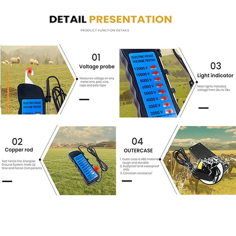 [Australia - AusPower] - Electric Fence Voltage Tester, 12KV Fence Tester 8 Neon Indicator Lights/Fence Tester for Farms 