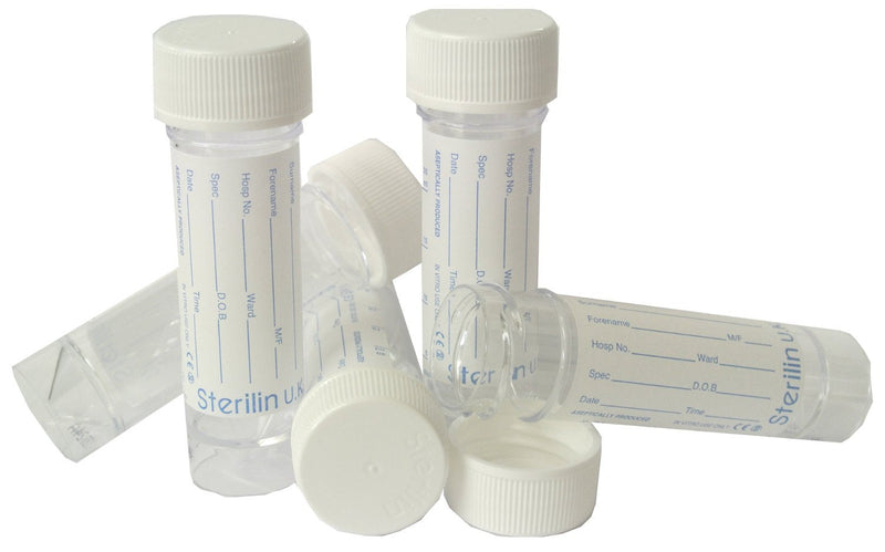50 x Sterilin Urine Sample / Specimen Bottle / Pot / Container with Lid & Printed Label…