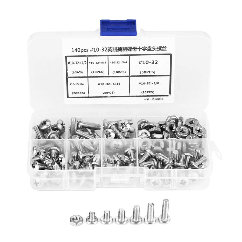 [Australia - AusPower] - 140pcs #10-32 304 Screws and Nuts, Stainless Steel Pan Head Screws Kit Assortment Set Repair Tool Accessory 
