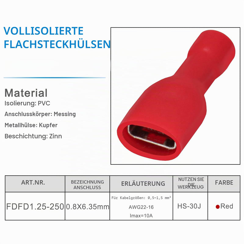 Heschen FDFD1.25-250 1/4" x 0.8mm Terminal Red Vinyl Fully Insulated Quick Coupler Socket for 0.5-1.5mm² (22-16AWG) (Pack of 100)