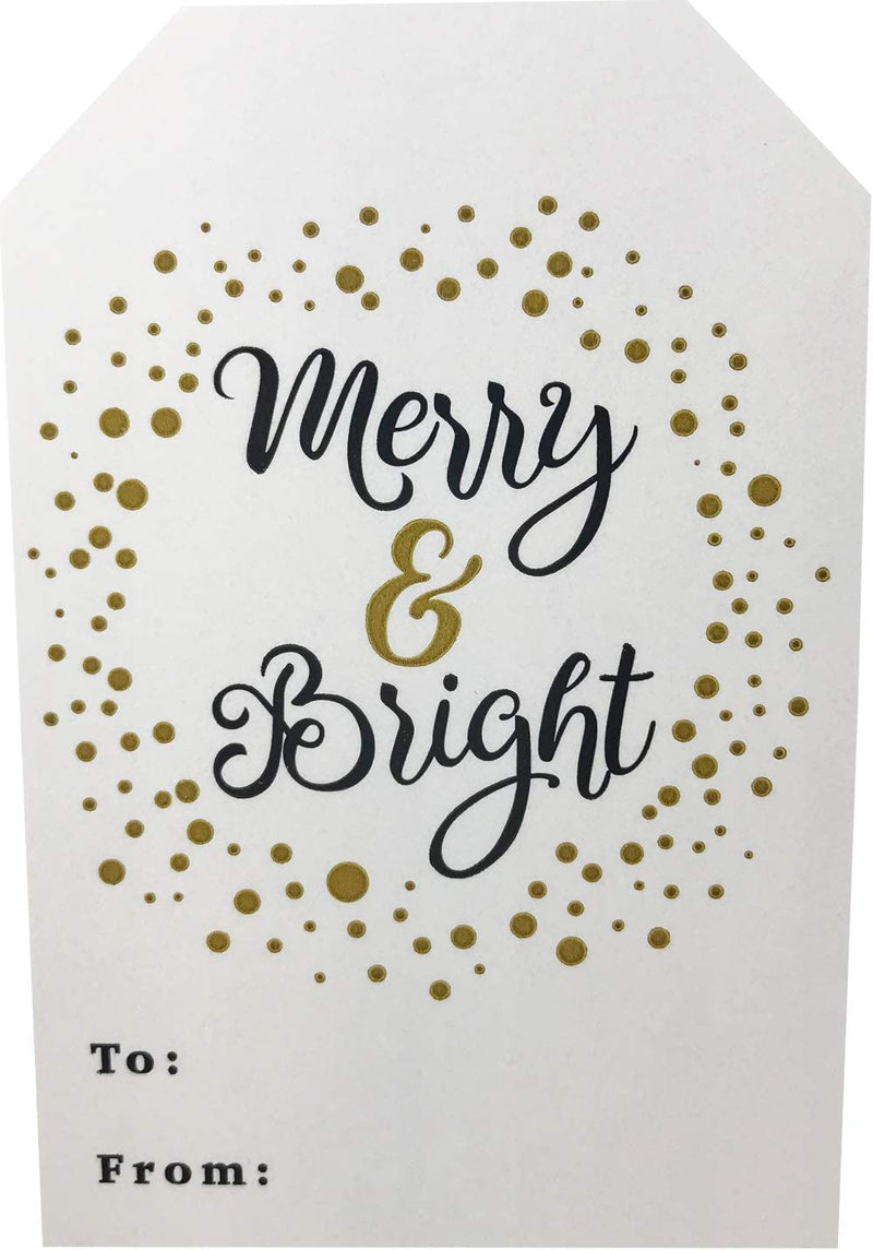 Merry & Bright Gold Gift Tag Stickers – 2 x 3 Inch Holiday Labels, Roll of 100 with 4 Festive Designs – Elegant Christmas Wrapping Tags, Made in The USA