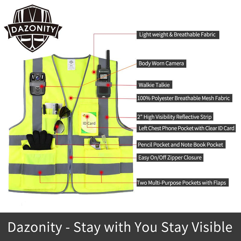 Dazonity High Visibility Safety Vest with Multi Pockets and Zipper, M,Reflective Strips, Fit for Men & Women, Work, Construction,Cycling, Runnning, Surveyor, Volunteer (Yellow-M) 1 Yellow-m