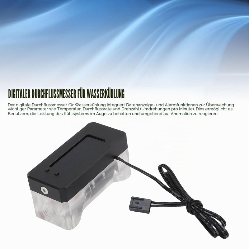 LICAEVEY Aluminum Alloy and Acrylic Digital Flow Meter Alarm with Temperature Monitoring, High and Low Speed Warnings for PC Water Cooling Systems (12 to 24 V)