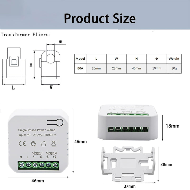 [Australia - AusPower] - AC110V 220V 80A Tuya App Smart Two-Way Bilateral WiFi Energy Meter with 2PCS 80A CT Current Transformers Clamps Sensors KWh Power Eenrgy Electricity Consumption Monitor Meter Voltmeter Ammeter 80A(CT Diameter 10MM) 