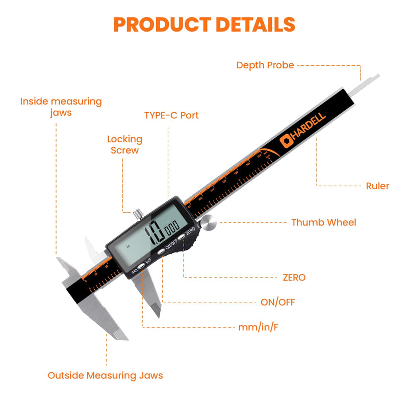[Australia - AusPower] - HARDELL Digital Caliper, Rechargeable Calipers with Large LCD Screen, Stainless Steel Caliper Measuring Tool, Auto-Off Micrometer, Inch/MM/Fraction for DIY/Household/3D-printing 