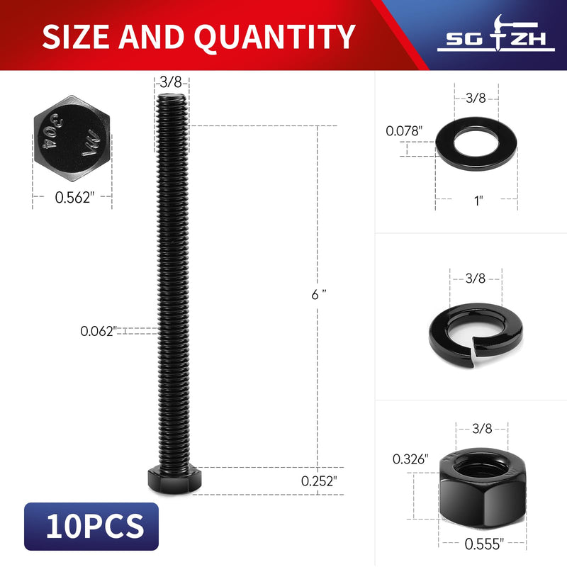 3/8-16 x 6 Hex Head Screw Bolt, Nuts, Flat & Lock Washers, 10Pcs 18-8 (304) Stainless Steel, Fully Threaded, Black Oxide by SG TZH 10 3/8-16 x 6"