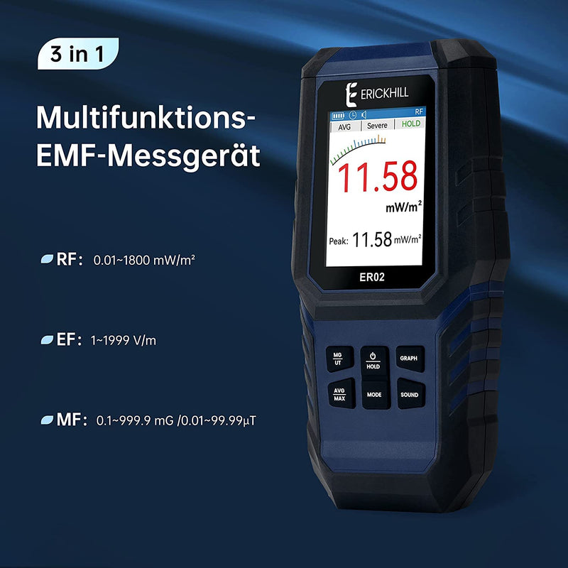 ERICKHILL EMF Meter ER-02, EF/MF/RF Test, Rechargeable Magnetic Field Meter, Digital/Graphics Dual Interface Radiation Detector, Digital LCD Screen, for Home, Office, Outdoor RF/MF/EF Meter Extended Version