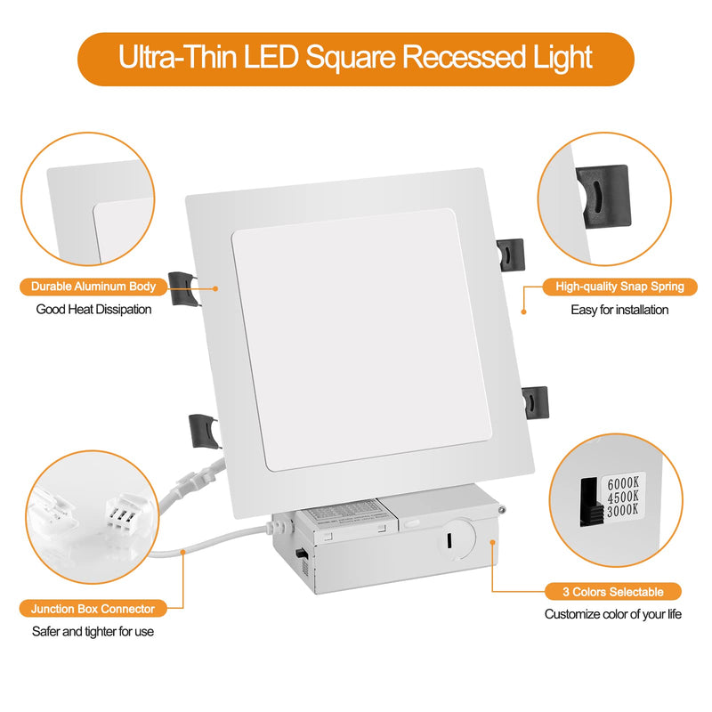 LZHOME 11 inch 26W Square LED Recessed Light, 3 Color Temperature Selectable & Dimmable Lamp, 2200 Lumens Ultra Thin Led Canless Downlight Lighting with Junction Box for Living Room Kitchen Bedroom… White-1-PACK 11Inch