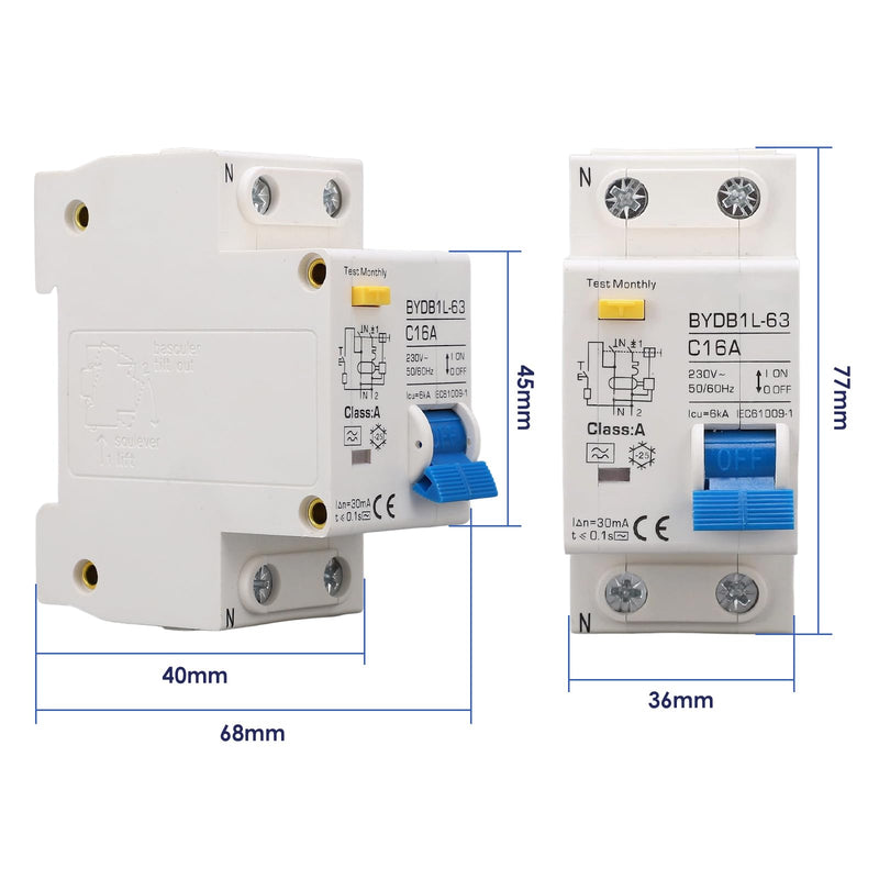 Fi Circuit Breaker, AC 230 V 30 mA 16 A 1P+N Circuit Breaker, A Type C16 Single-Pole Circuit Breaker, DIN Rail, Leakage Protection, Overload Protection, Residual Current Circuit Breaker, FI/LS Switch 16A
